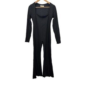 Qinsen Black Long Sleeve Flared Jumpsuit Square Neck Bell Bottom Size XL Fitted